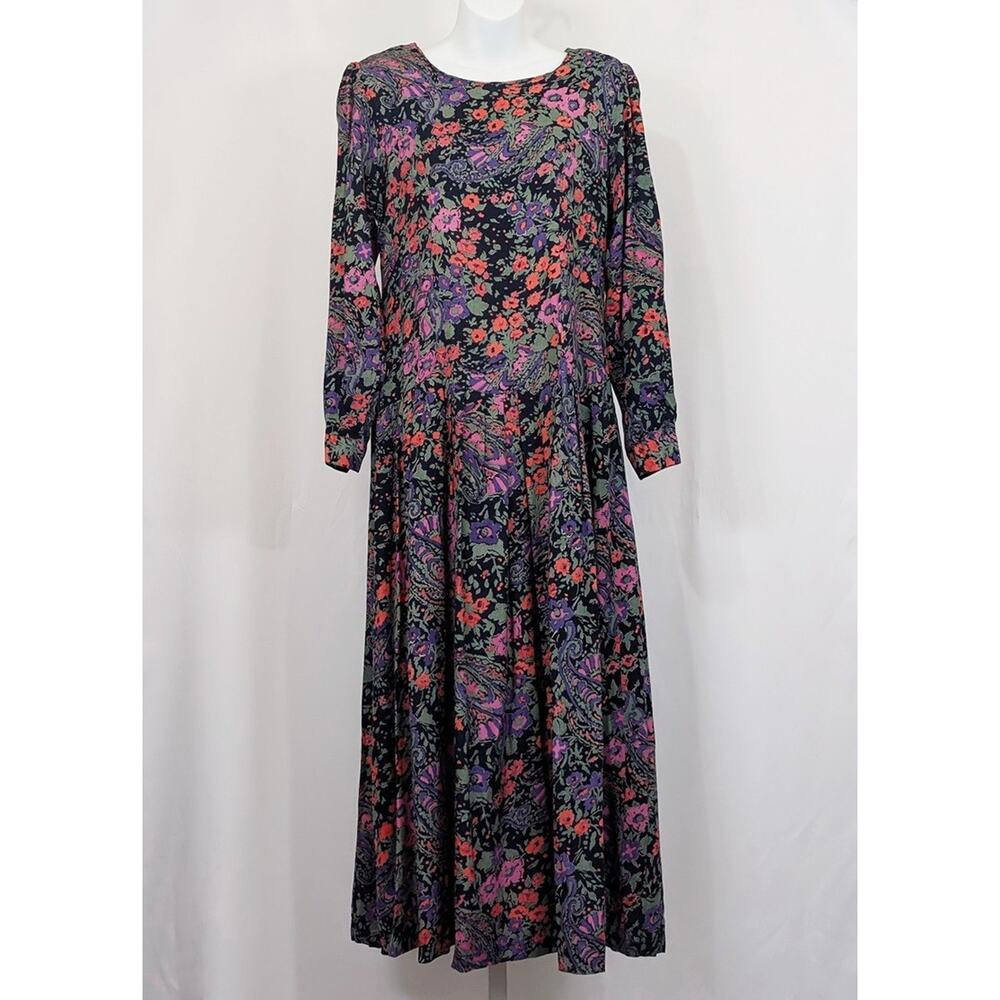 Vintage 90s Dress Black Floral Print Rayon Midi Women's Size M Sarin New York